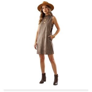 Ontwelth Faux Suede Mock Neck Sleeveless Shift Dress Taupe Brown Womens Large